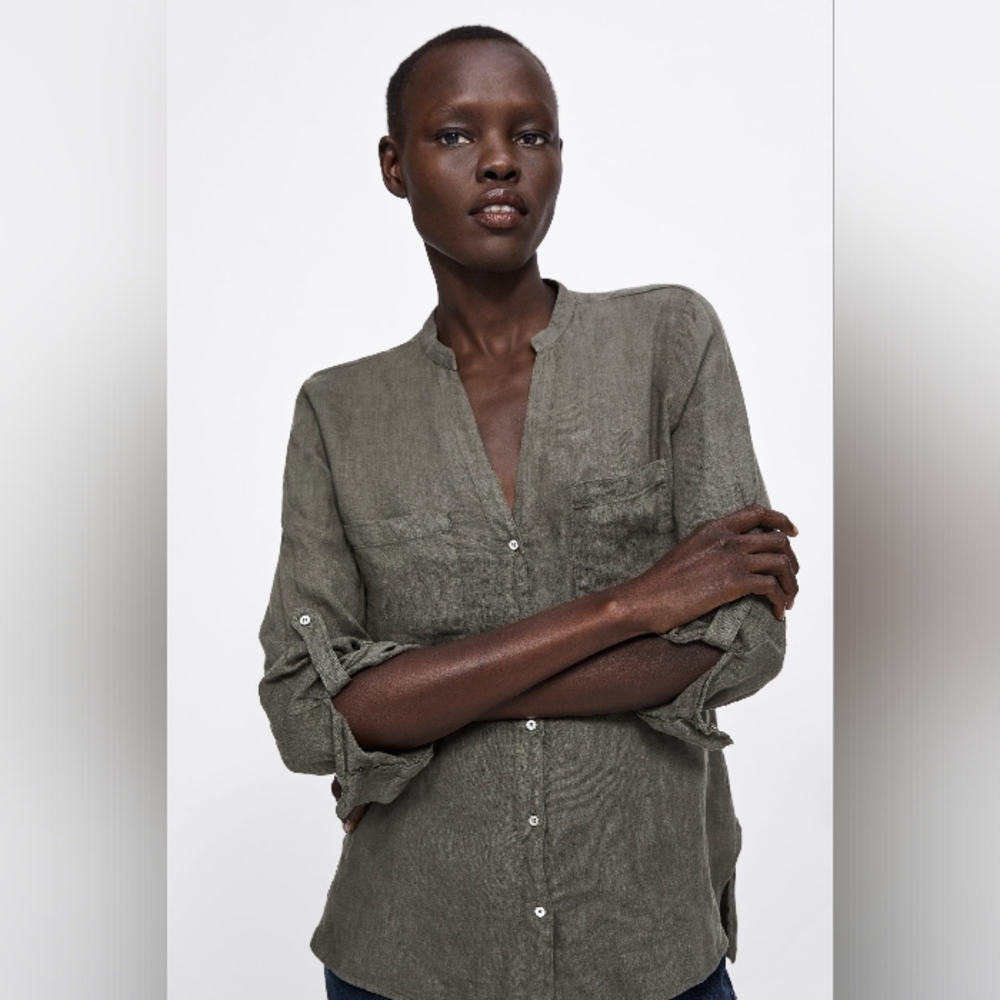 Zara 100% Linen Women's Shirt Blouse Button Down Dark Olive XS
